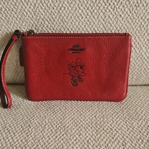 Coach Minnie Mouse Red Pebble Leather Wristlet